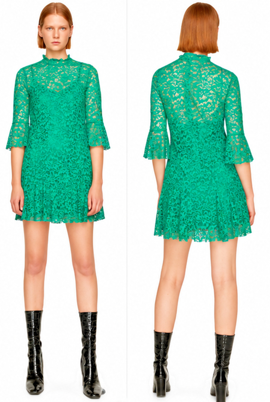 ZARA GREEN TEAL FLORAL LACE MINI DRESS BELL SLEEVE SIZE L